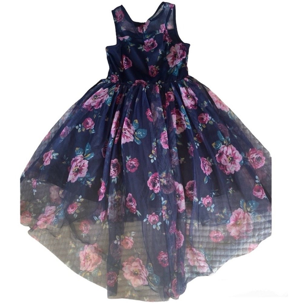 Navy blue floral tulle dress.